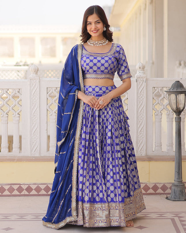 Royal Blue Viscose Jacquard Embroidered Wedding Lehenga Choli