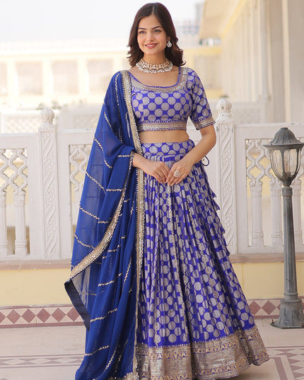 Royal Blue Viscose Jacquard Embroidered Wedding Lehenga Choli