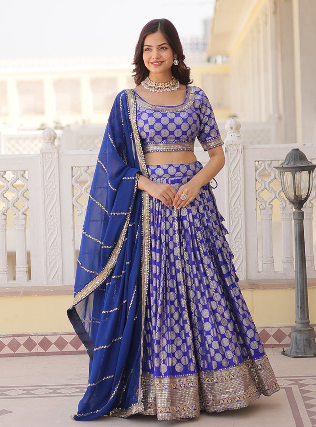 Royal Blue Viscose Jacquard Embroidered Wedding Lehenga Choli