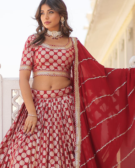 Maroon Viscose Jacquard Embroidered Wedding Lehenga Choli