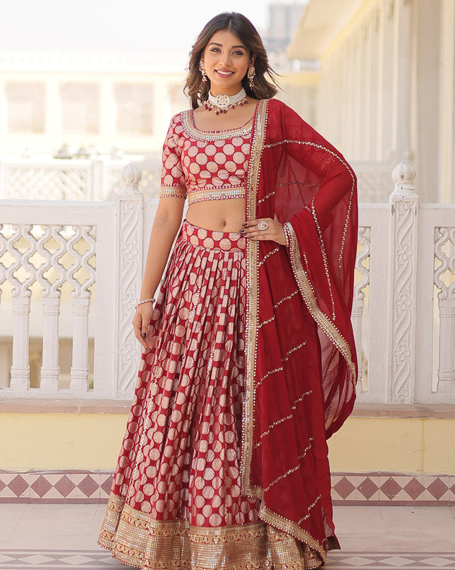 Maroon Viscose Jacquard Embroidered Wedding Lehenga Choli