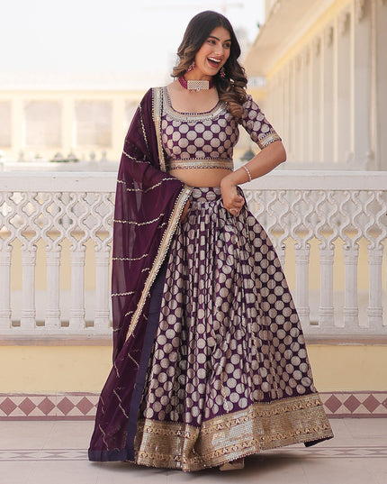 Burgundy Viscose Jacquard Embroidered Wedding Lehenga Choli
