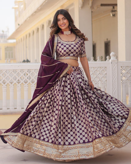 Burgundy Viscose Jacquard Embroidered Wedding Lehenga Choli