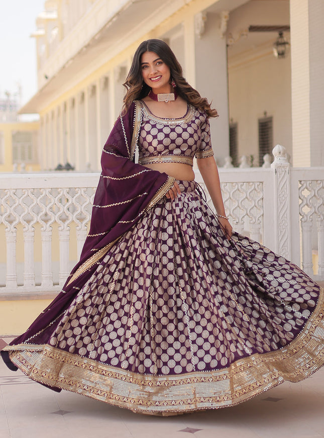 Burgundy Viscose Jacquard Embroidered Wedding Lehenga Choli