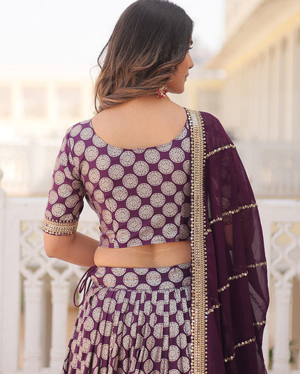 Burgundy Viscose Jacquard Embroidered Wedding Lehenga Choli