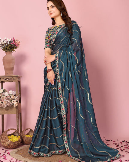 Teal Blue Rangoli Silk Embroidered Saree
