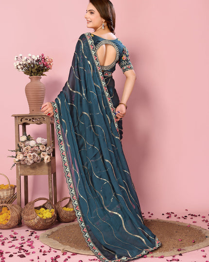 Teal Blue Rangoli Silk Embroidered Saree