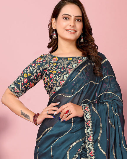 Teal Blue Rangoli Silk Embroidered Saree