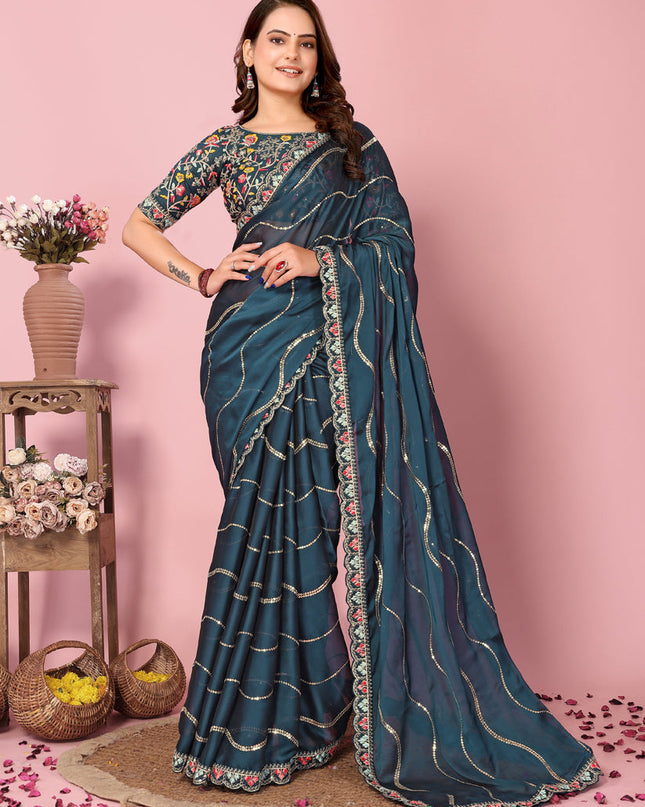 Teal Blue Rangoli Silk Embroidered Saree