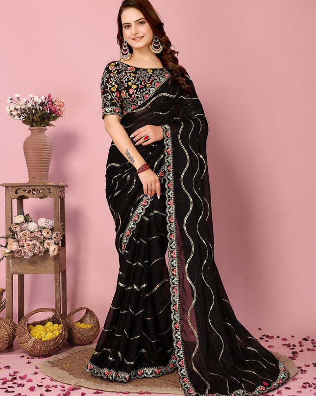 Black Rangoli Silk Embroidered Saree