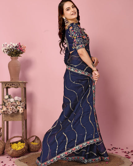 Navy Blue Rangoli Silk Embroidered Saree