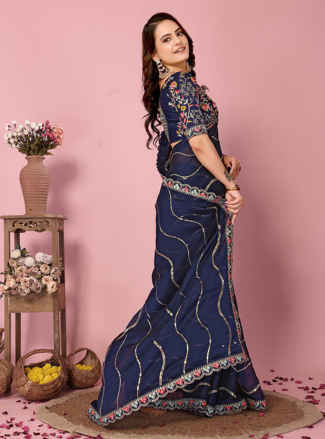 Navy Blue Rangoli Silk Embroidered Saree