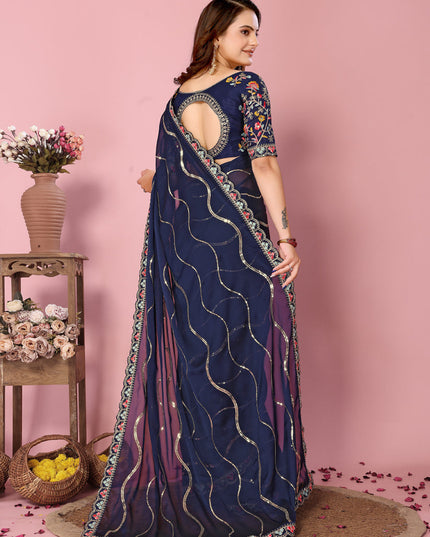 Navy Blue Rangoli Silk Embroidered Saree