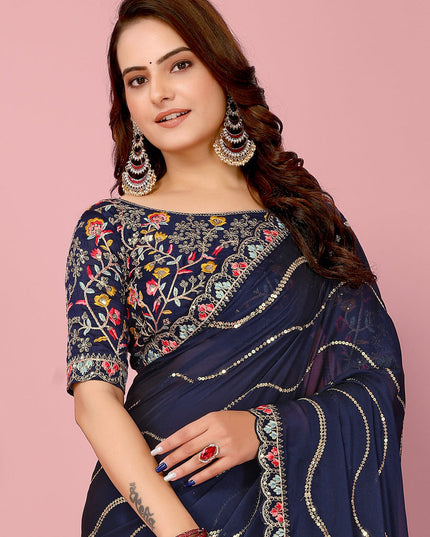 Navy Blue Rangoli Silk Embroidered Saree