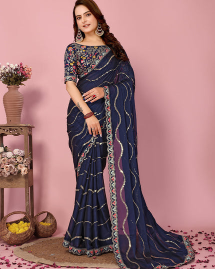 Navy Blue Rangoli Silk Embroidered Saree