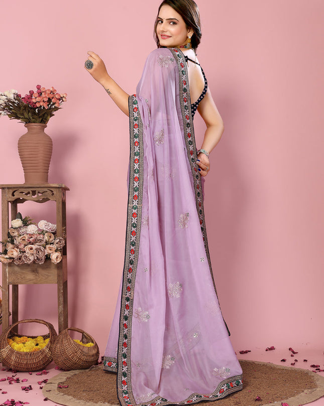 Lavender Organza Silk Embroidered Saree