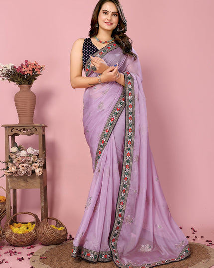 Lavender Organza Silk Embroidered Saree
