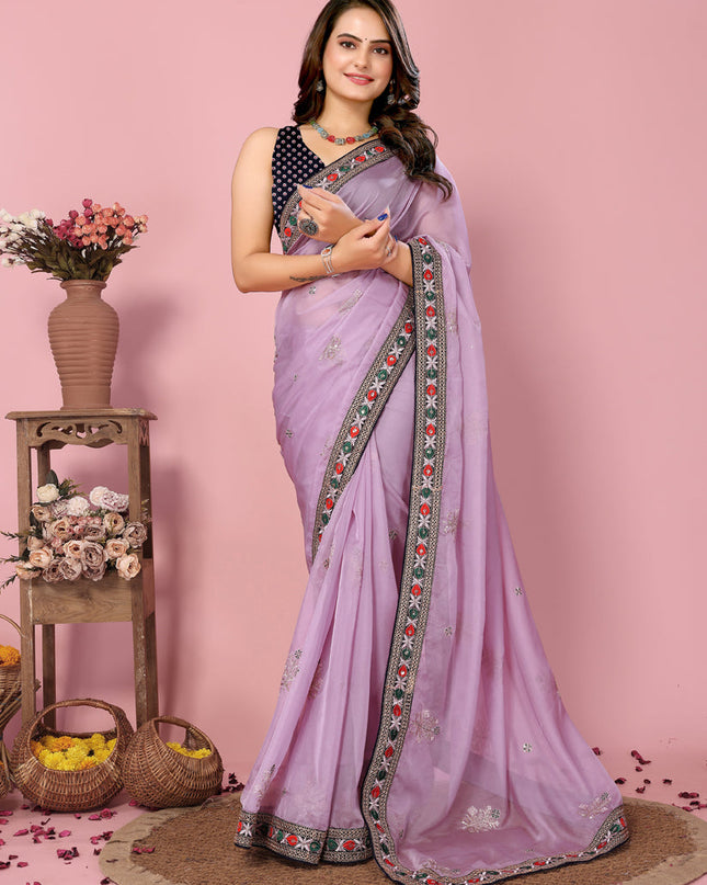 Lavender Organza Silk Embroidered Saree