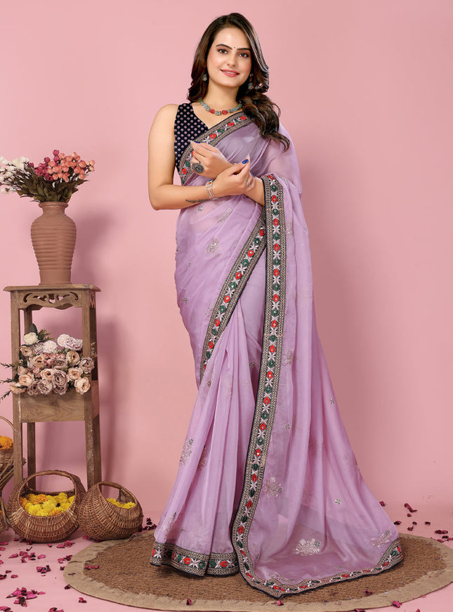 Lavender Organza Silk Embroidered Saree