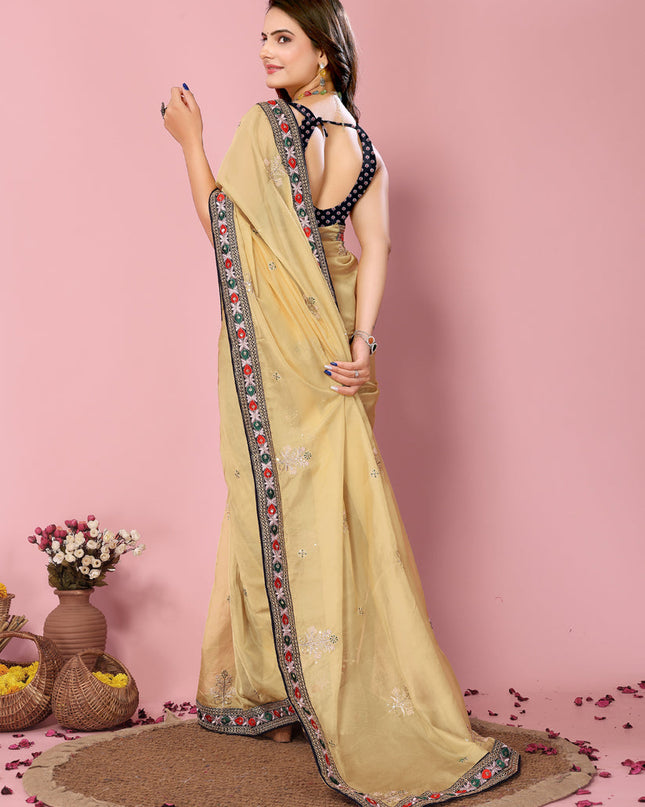 Yellow Organza Silk Embroidered Saree