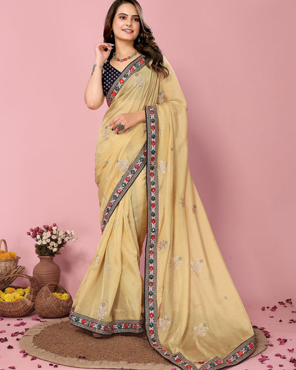 Yellow Organza Silk Embroidered Saree