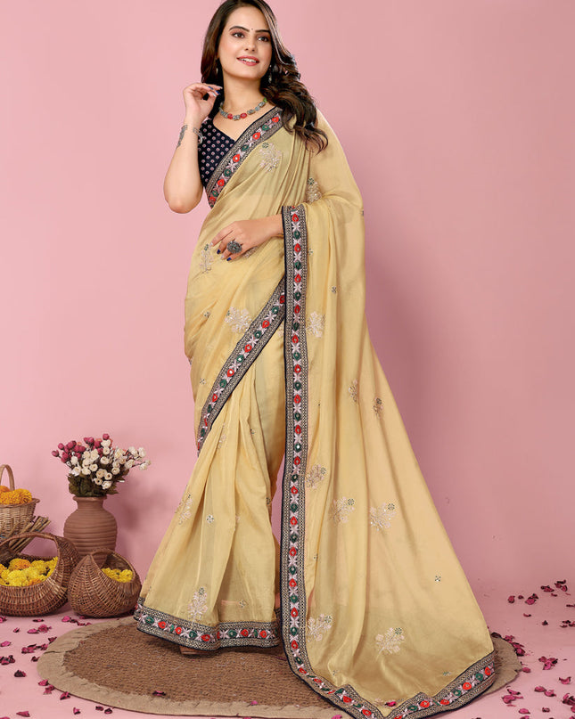 Yellow Organza Silk Embroidered Saree