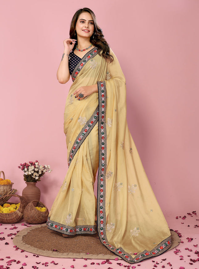 Yellow Organza Silk Embroidered Saree