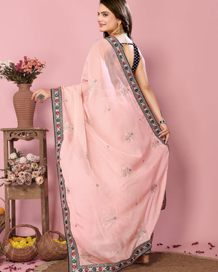 Peach Organza Silk Embroidered Saree