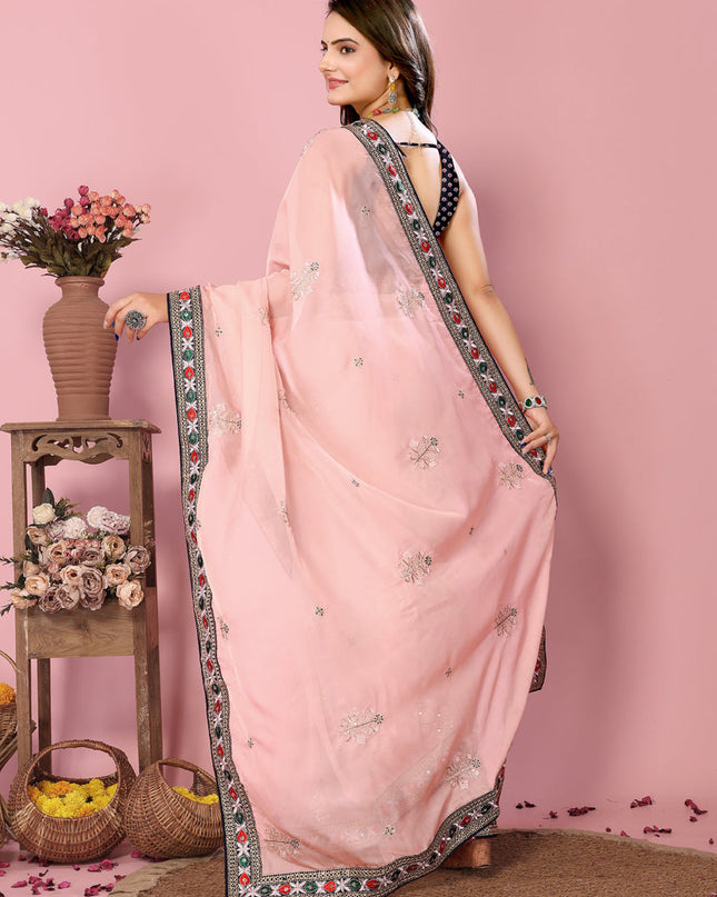 Peach Organza Silk Embroidered Saree