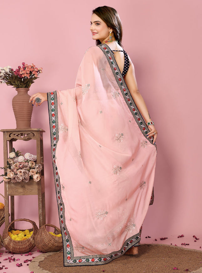 Peach Organza Silk Embroidered Saree