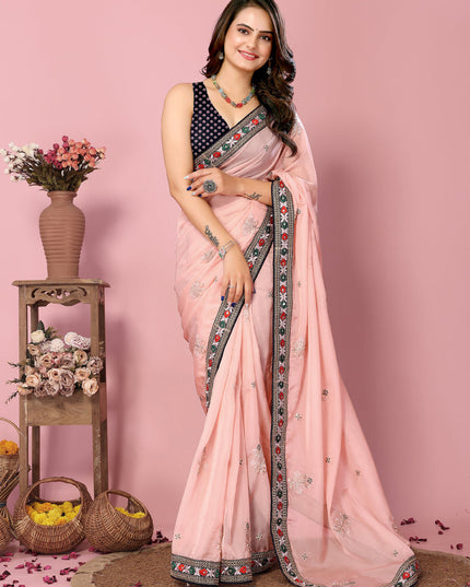 Peach Organza Silk Embroidered Saree