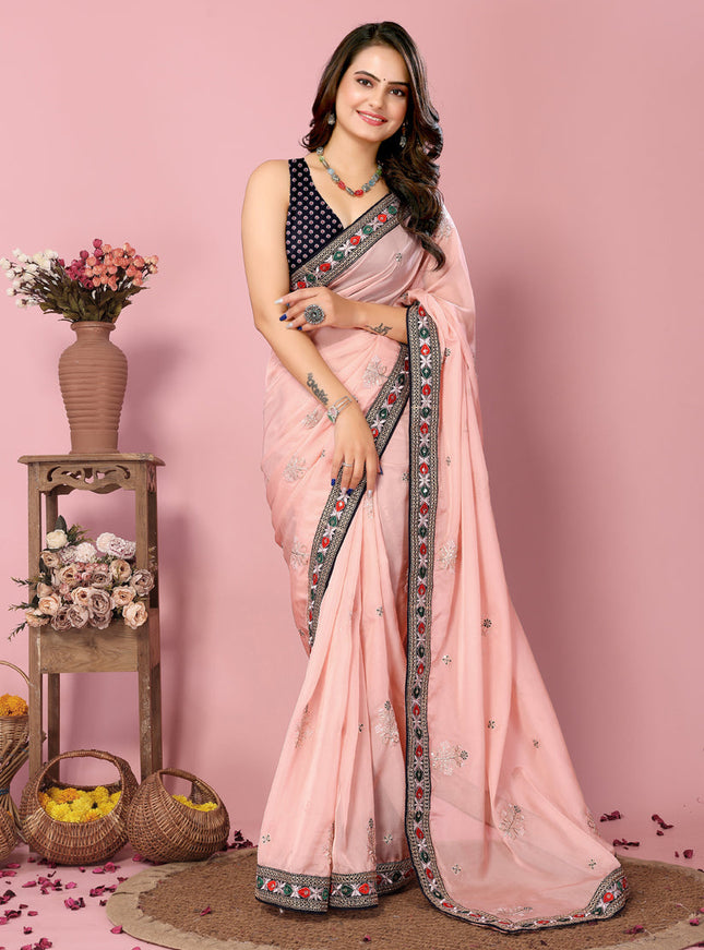 Peach Organza Silk Embroidered Saree