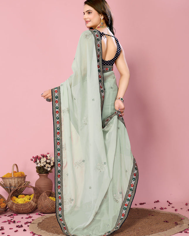 PaleTurquoise Organza Silk Embroidered Saree