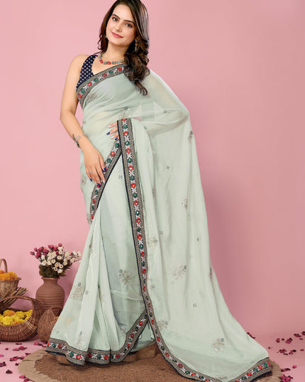 PaleTurquoise Organza Silk Embroidered Saree