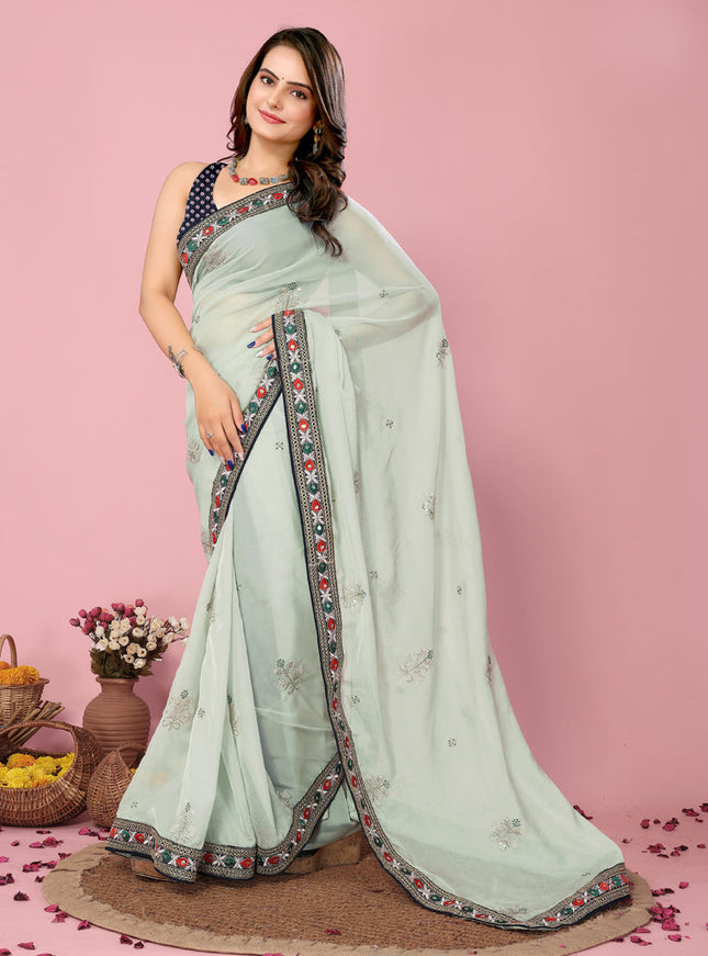 PaleTurquoise Organza Silk Embroidered Saree