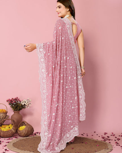 Pink Georgette Embroidered Saree