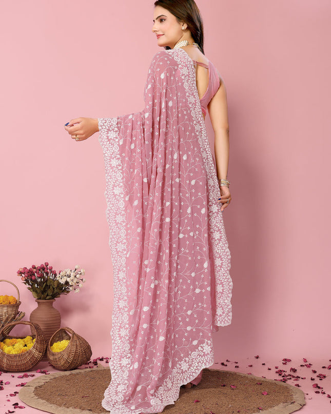 Pink Georgette Embroidered Saree