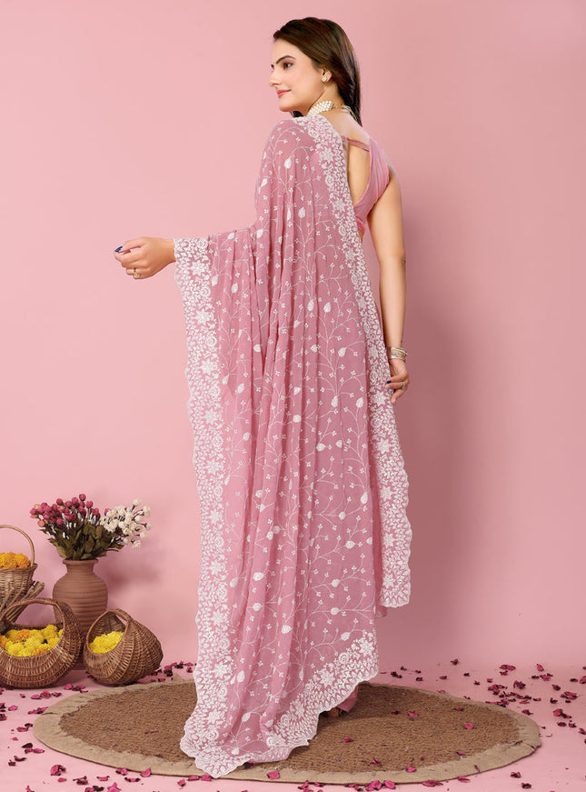 Pink Georgette Embroidered Saree