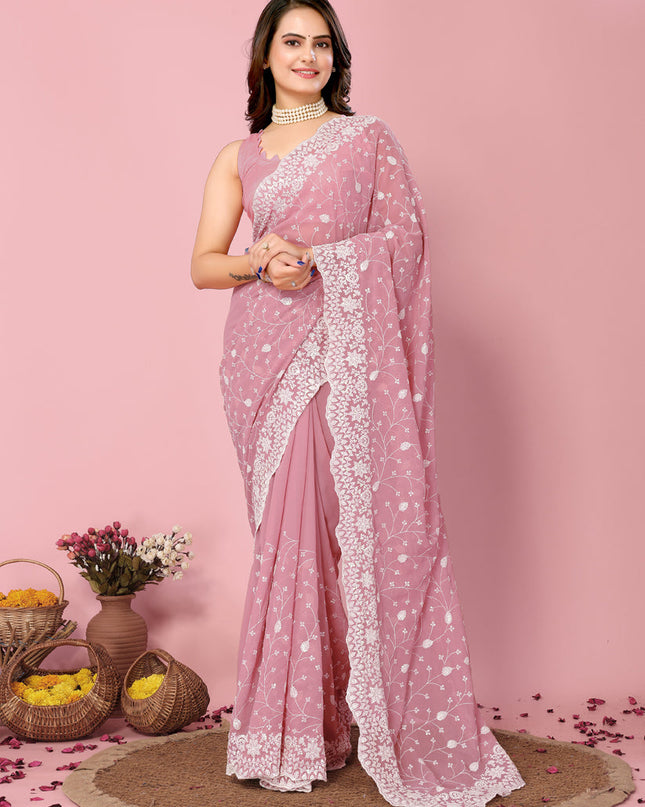 Pink Georgette Embroidered Saree