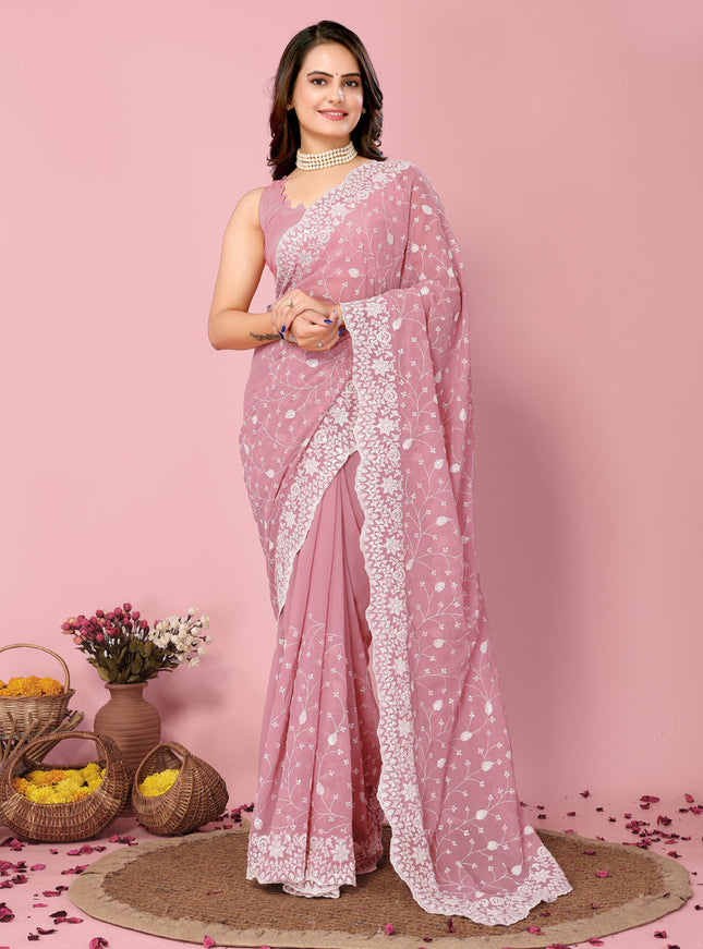 Pink Georgette Embroidered Saree