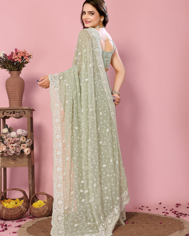 Pista Green Georgette Embroidered Saree