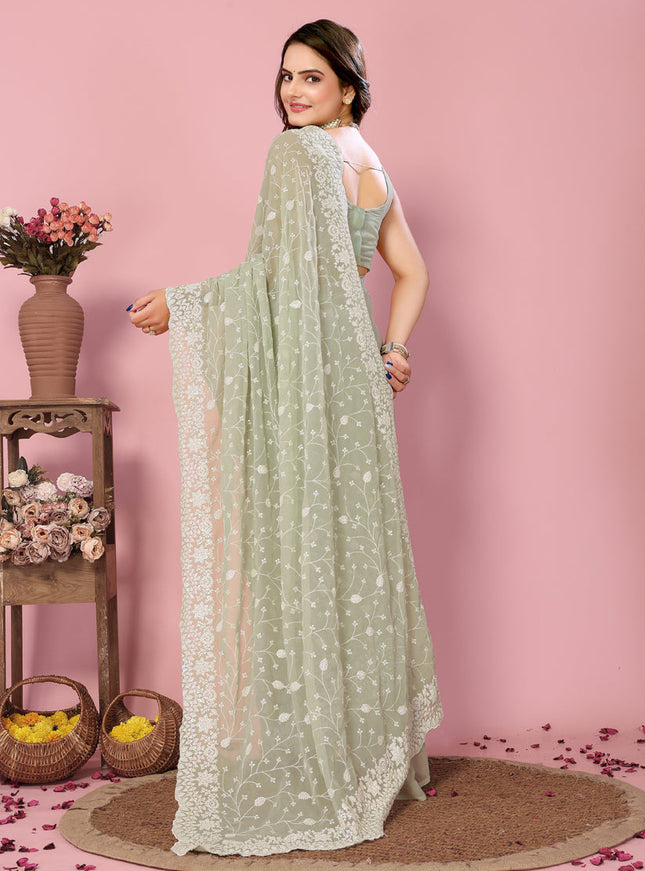 Pista Green Georgette Embroidered Saree