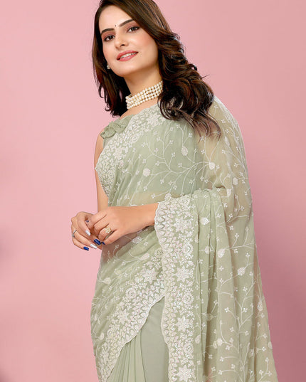 Pista Green Georgette Embroidered Saree