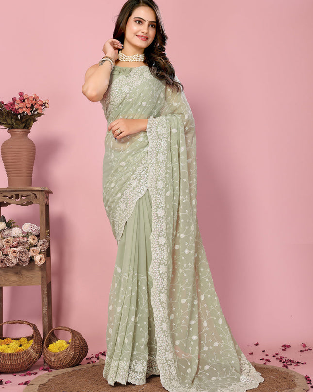 Pista Green Georgette Embroidered Saree
