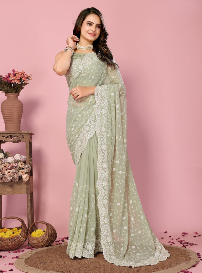 Pista Green Georgette Embroidered Saree