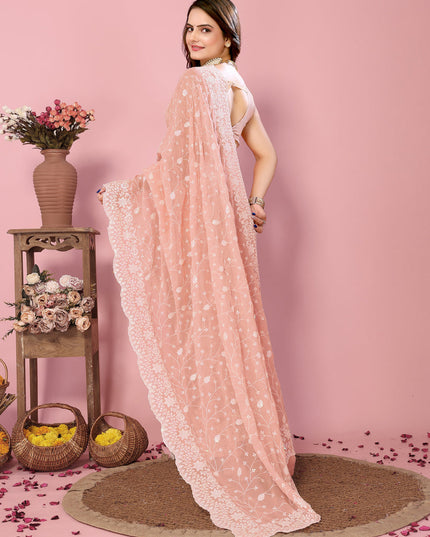 Peach Georgette Embroidered Saree