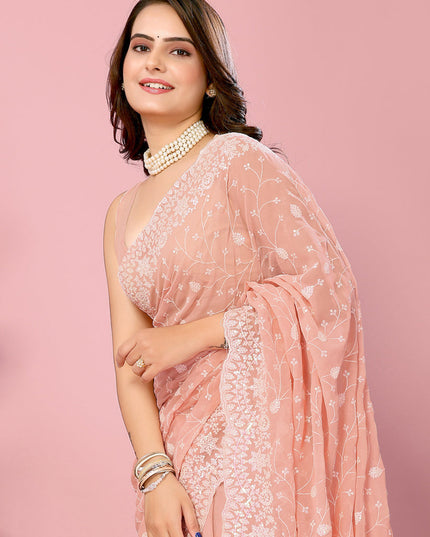 Peach Georgette Embroidered Saree