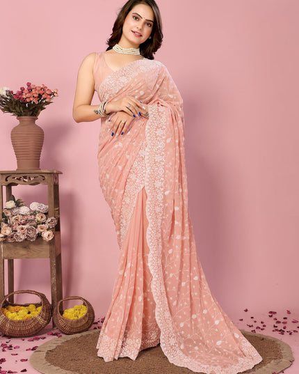 Peach Georgette Embroidered Saree