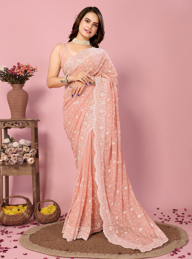 Peach Georgette Embroidered Saree