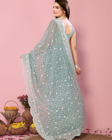 Sky Blue Georgette Embroidered Saree